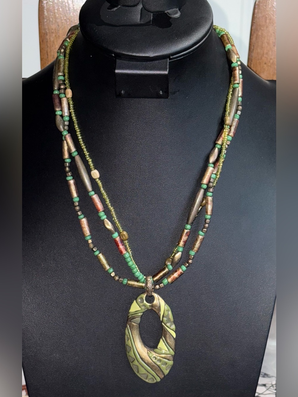 Green Tribal Oval Pendant Multi-Strand Necklace - Brand: